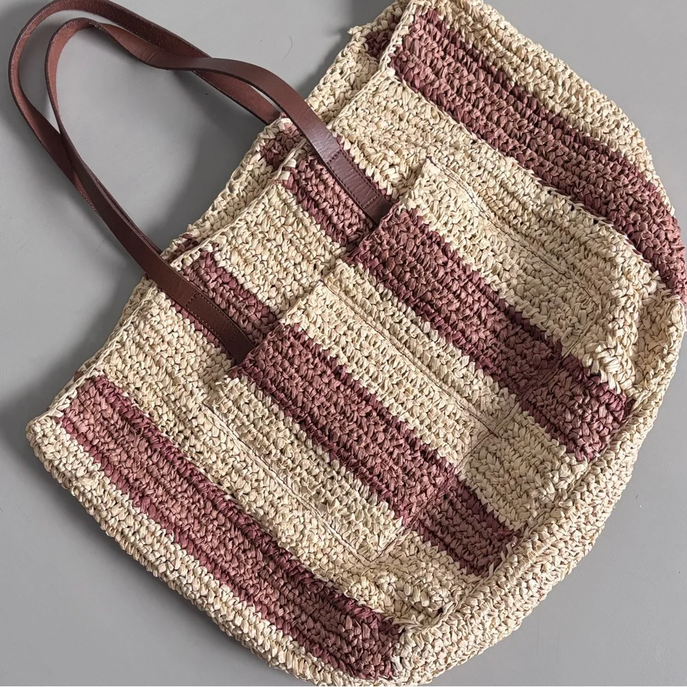 J. JILL Oversized Woven Straw Striped Tote Boho Vibes Leather Handle Market Bag - Picture 3 of 9